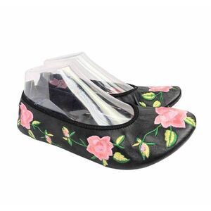 I ❤️J C black leather pink floral embroidered ballet Stretch flats womens 9